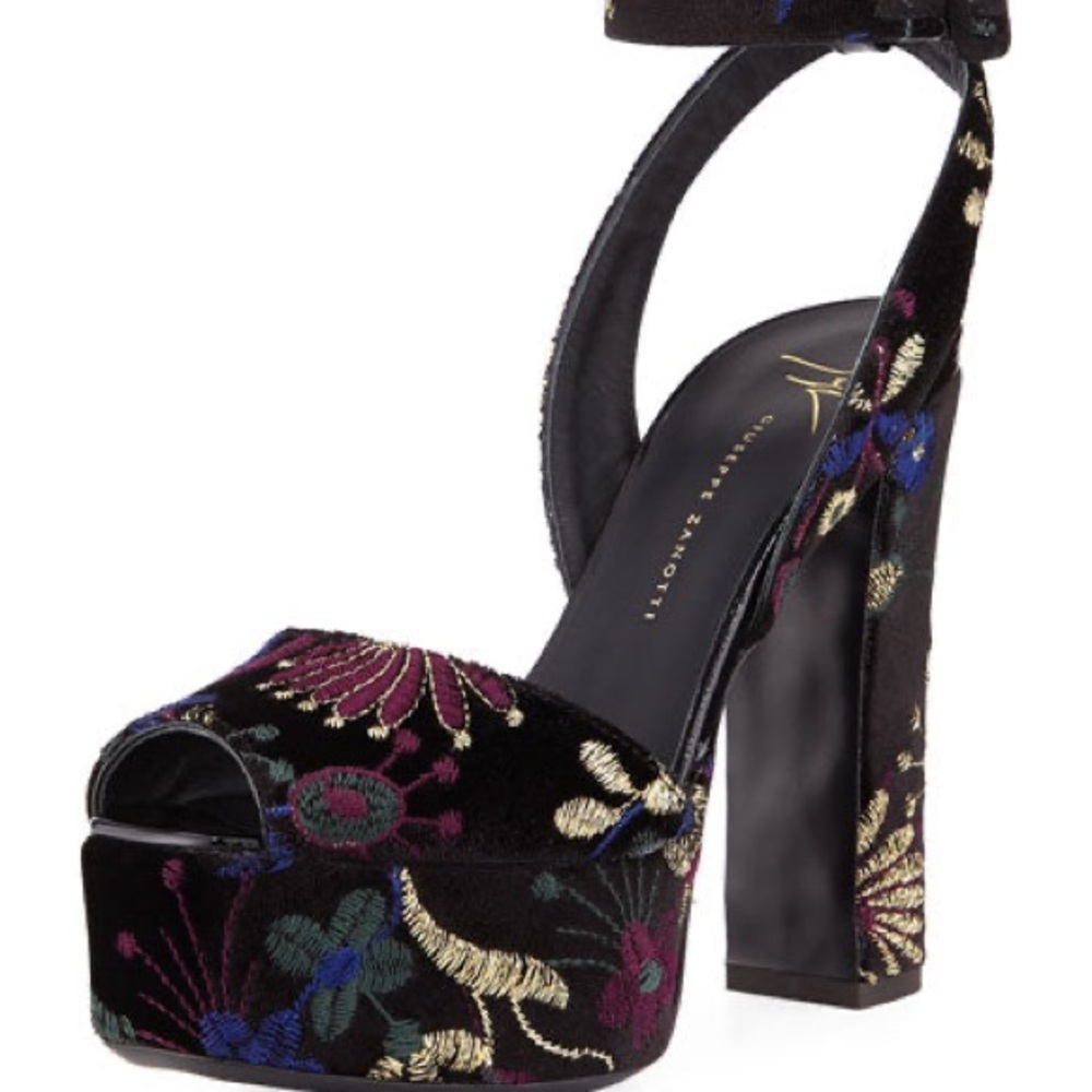 Giuseppe Zanotti Black and Blue Velvet Floral Platform Heels